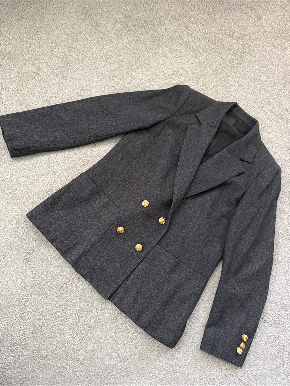David Brooks Charcoal Gray Double-Breasted Blazer with Gold Buttons.